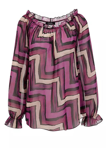 Aniston Graphic Print Carmen Blouse – Lightweight Zigzag Chiffon Top