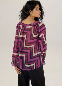 Aniston Graphic Print Carmen Blouse – Lightweight Zigzag Chiffon Top