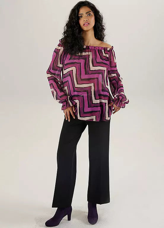 Aniston Graphic Print Carmen Blouse – Lightweight Zigzag Chiffon Top